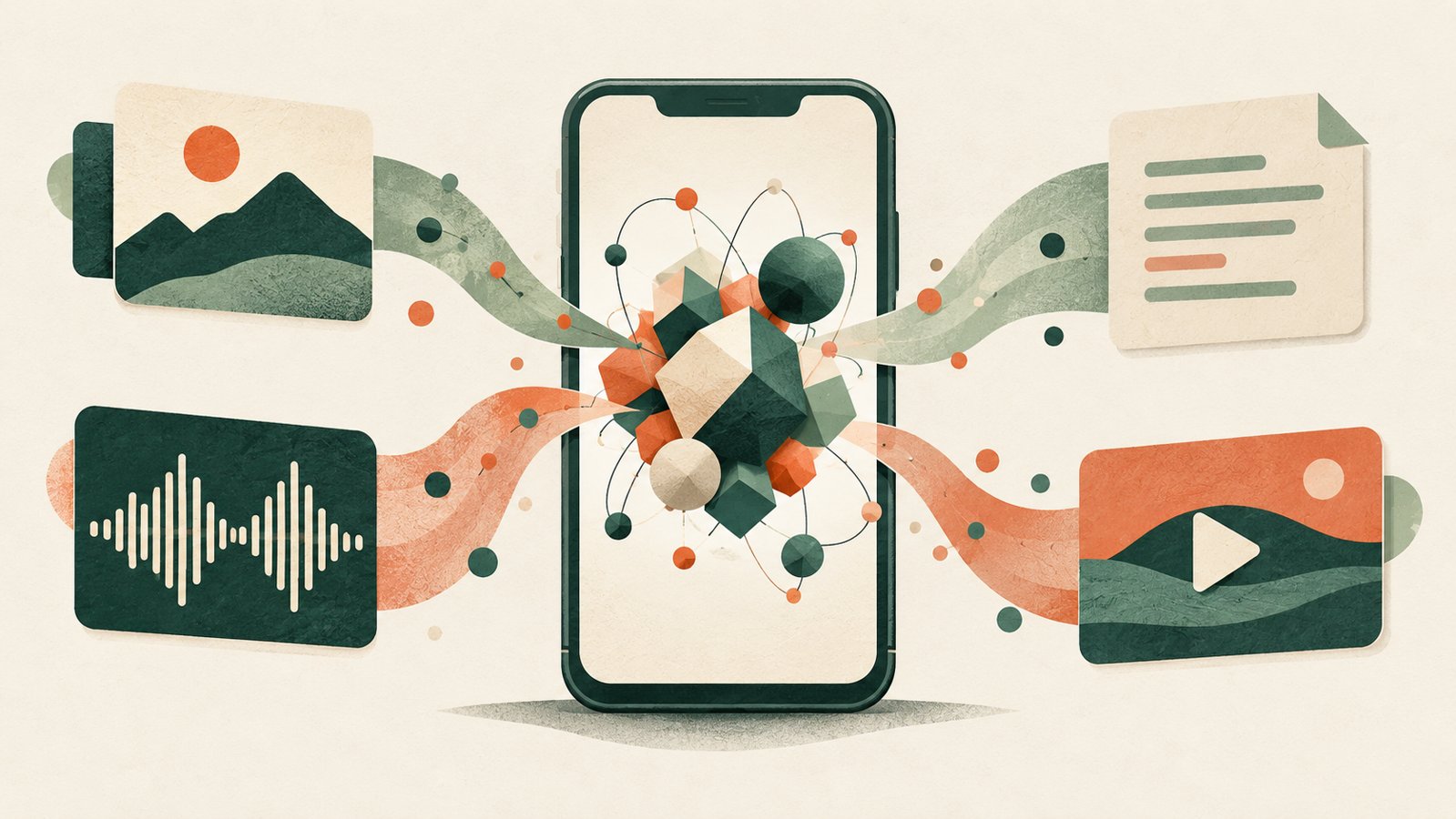 AI 生成示意圖：手機串連圖片、聲音、文字與影片，匯入共同幾何空間